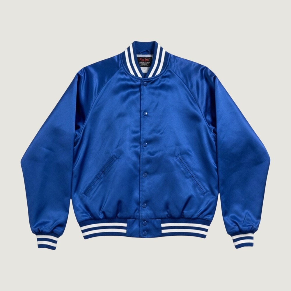 Vintage Unisex Royal Blue Satin Varsity/ Bomber Jacket with Striped Ribbing